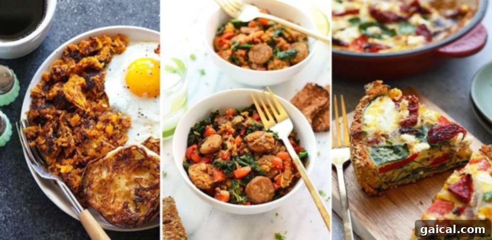 A selection of sweet potato breakfast recipes, including hash, pancakes, and burritos.