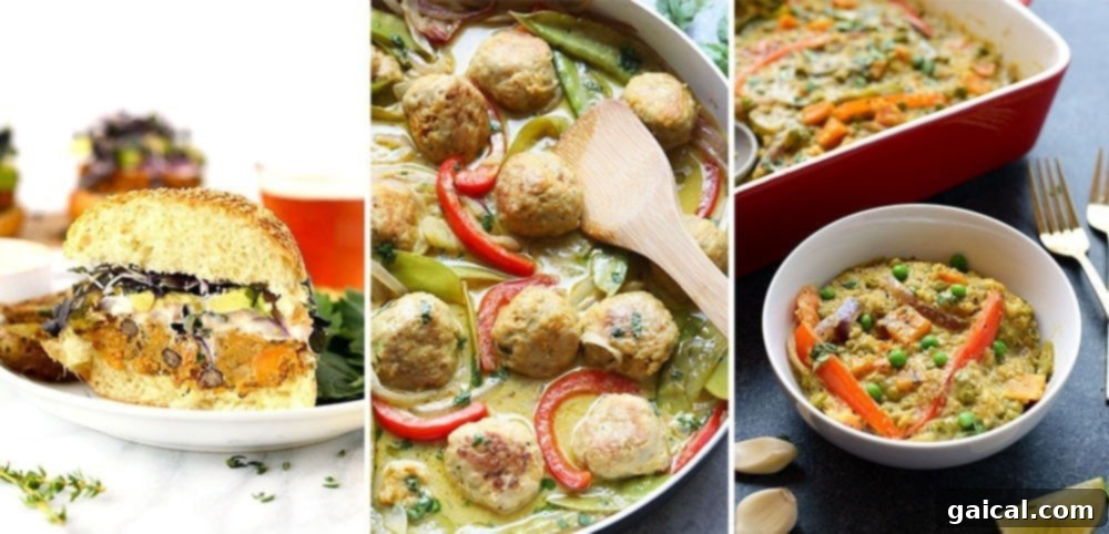 A collage of sweet potato dinner recipes, including tacos, curries, and casseroles.