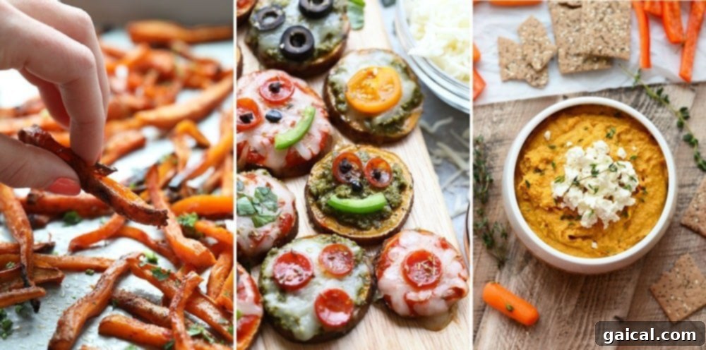 Sweet potato snack recipes, including fries, fritters, and pizza bites.