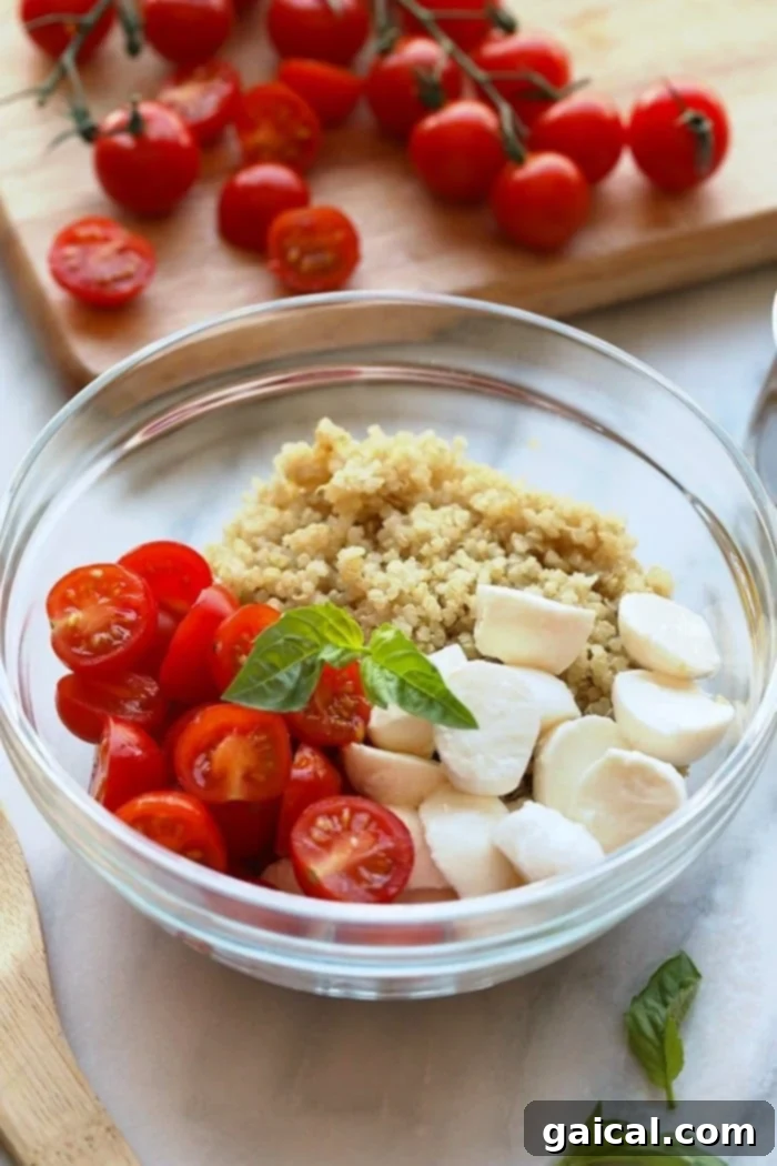 A bowl filled with the fresh ingredients for Caprese Quinoa Salad: cherry tomatoes, mozzarella balls, and fresh basil, ready for mixing.