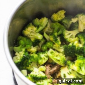 Vibrant green broccoli florets and tender beef in sauce inside an Instant Pot after quick cooking.