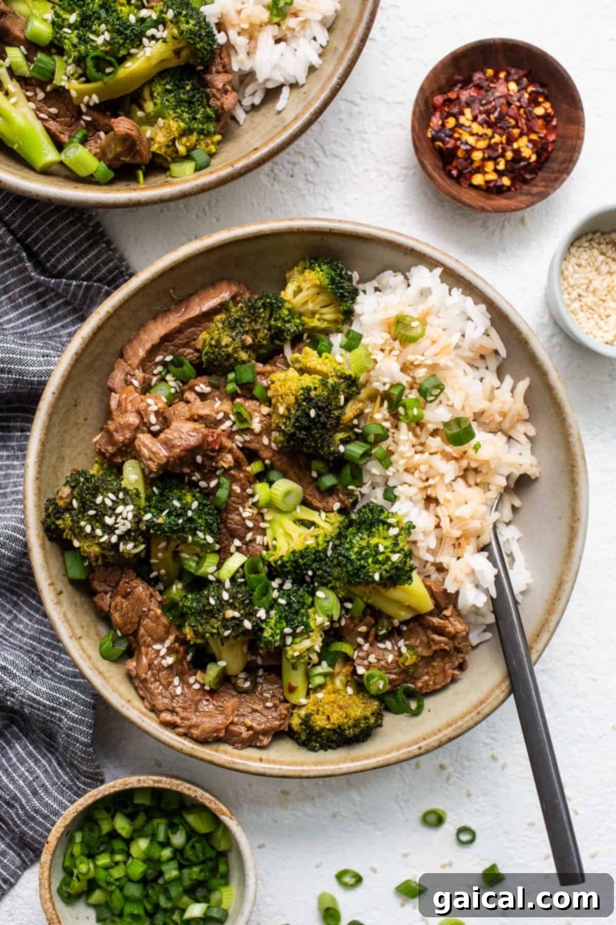 A beautifully plated bowl of Instant Pot Beef and Broccoli stir fry, garnished with sesame seeds.