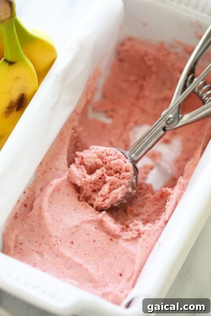 A perfectly scooped portion of Protein Strawberry Banana Nice Cream in a small bowl, ready to be eaten.