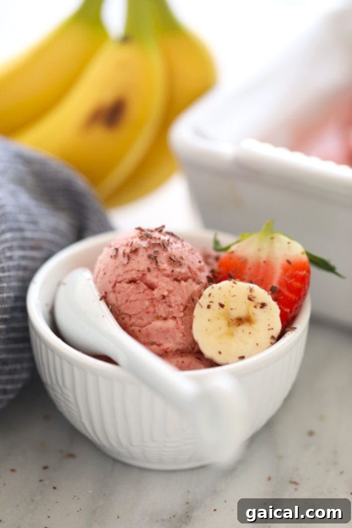 A beautifully presented bowl of Protein Strawberry Banana Nice Cream, garnished and ready for serving.