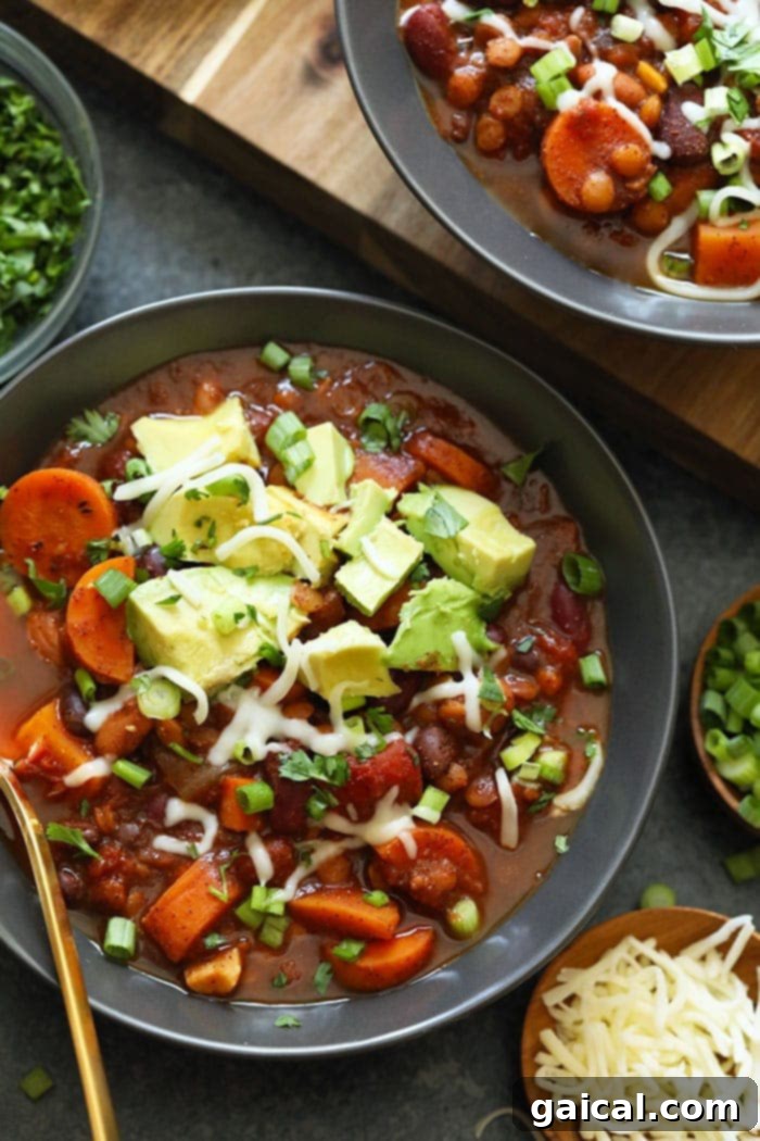 This Vegan Instant Pot Chili is an easy weeknight meal that everyone will love! It's packed with fiber from lentils and beans, as well as delicious veggies. This vegan Instant Pot Chili is the perfect meal-prep meal for the week. Make it now! Vegetarian chili Instant Pot in a bowl, garnished and ready to eat.