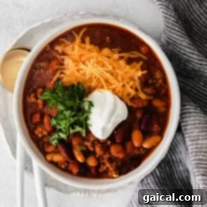 Hearty Vegan Instant Pot Chili 2 Instant Pot chili in a bowl, with beef, beans, and spices.