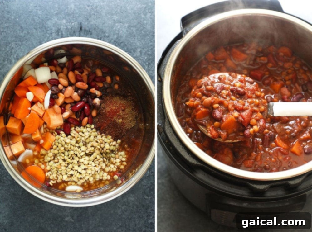 Hearty Vegan Instant Pot Chili 3 A top-down view of Instant Pot Vegetarian Chili in a bowl.