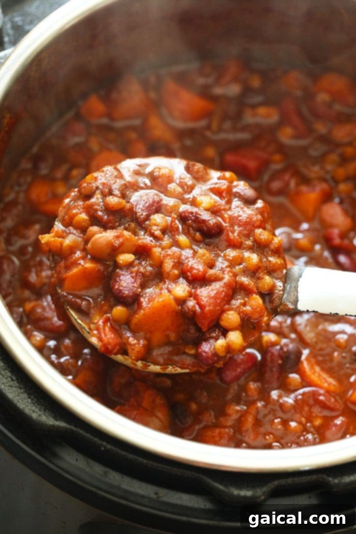 This Vegan Instant Pot Chili is an easy weeknight meal that everyone will love! It's packed with fiber from lentils and beans, as well as delicious veggies. This vegan Instant Pot Chili is the perfect meal-prep meal for the week. Make it now! Instant Pot Vegan Chili being served with a ladle from the Instant Pot.