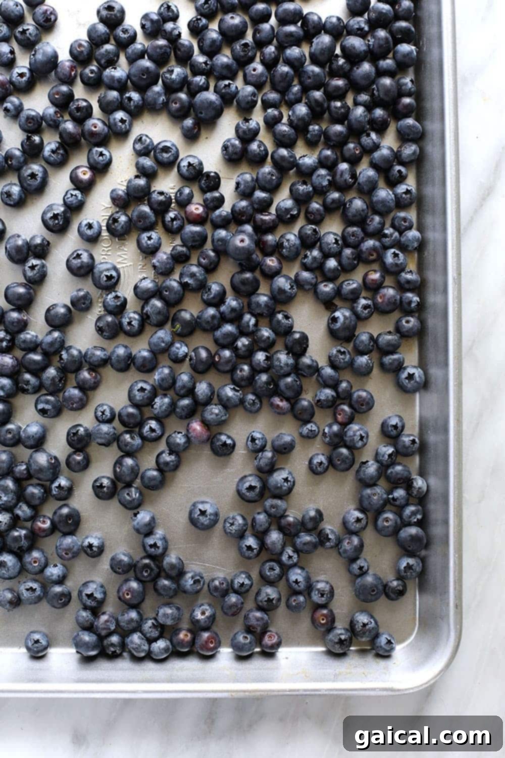 Frozen Blueberries on a Baking Sheet Freshly washed blueberries spread out on a baking sheet, ready for flash freezing