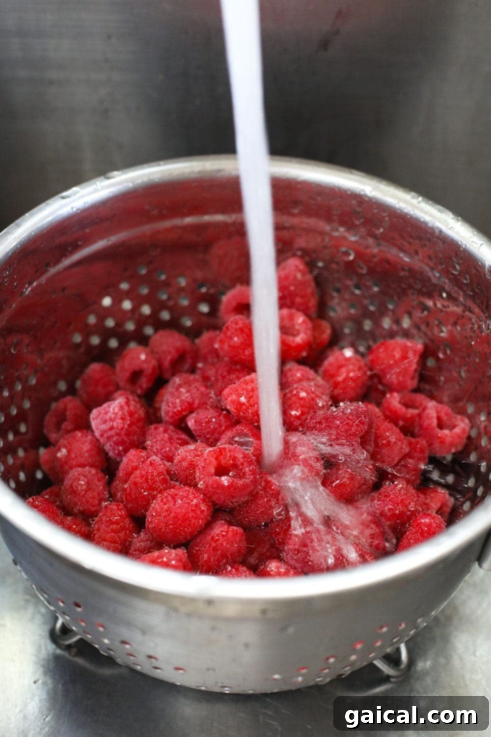 Washing Raspberries Before Freezing Fresh raspberries being gently rinsed in a colander under cold water