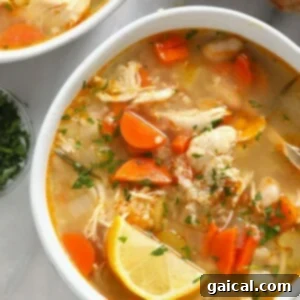 Soul-Soothing Chicken Quinoa Medley 4 Finished chicken quinoa soup with fresh lemon wedges