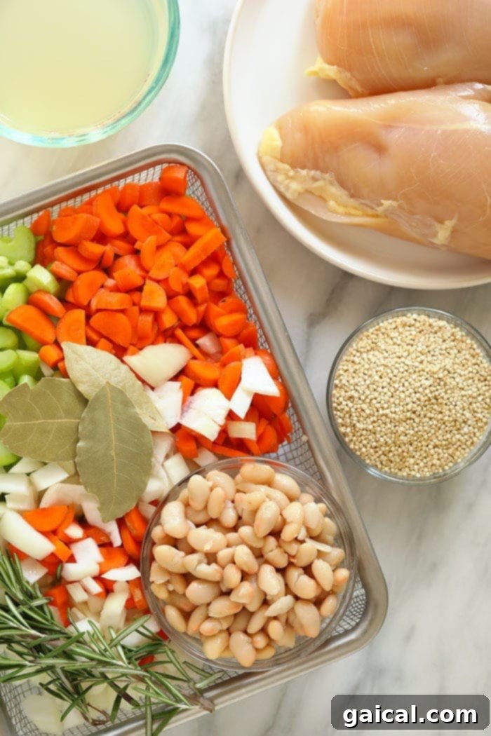 Fresh Ingredients for Chicken Quinoa Soup Assortment of fresh ingredients for chicken quinoa soup, including chicken, quinoa, vegetables, herbs, and spices