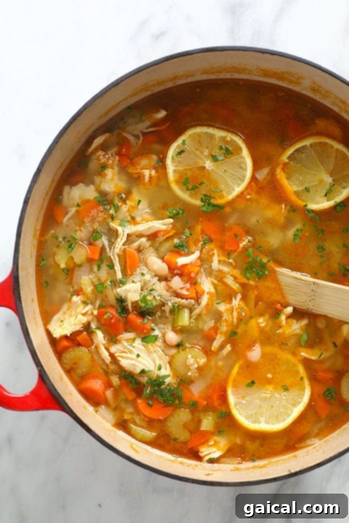 Hearty Chicken Quinoa Soup A large pot of chicken quinoa soup, close-up, showcasing its rich texture and colorful ingredients