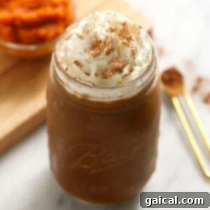 Harvest Pumpkin Delight 2 Appetizing pumpkin spice coffee smoothie in a clear jar with a straw, beautifully prepared and ready to drink.
