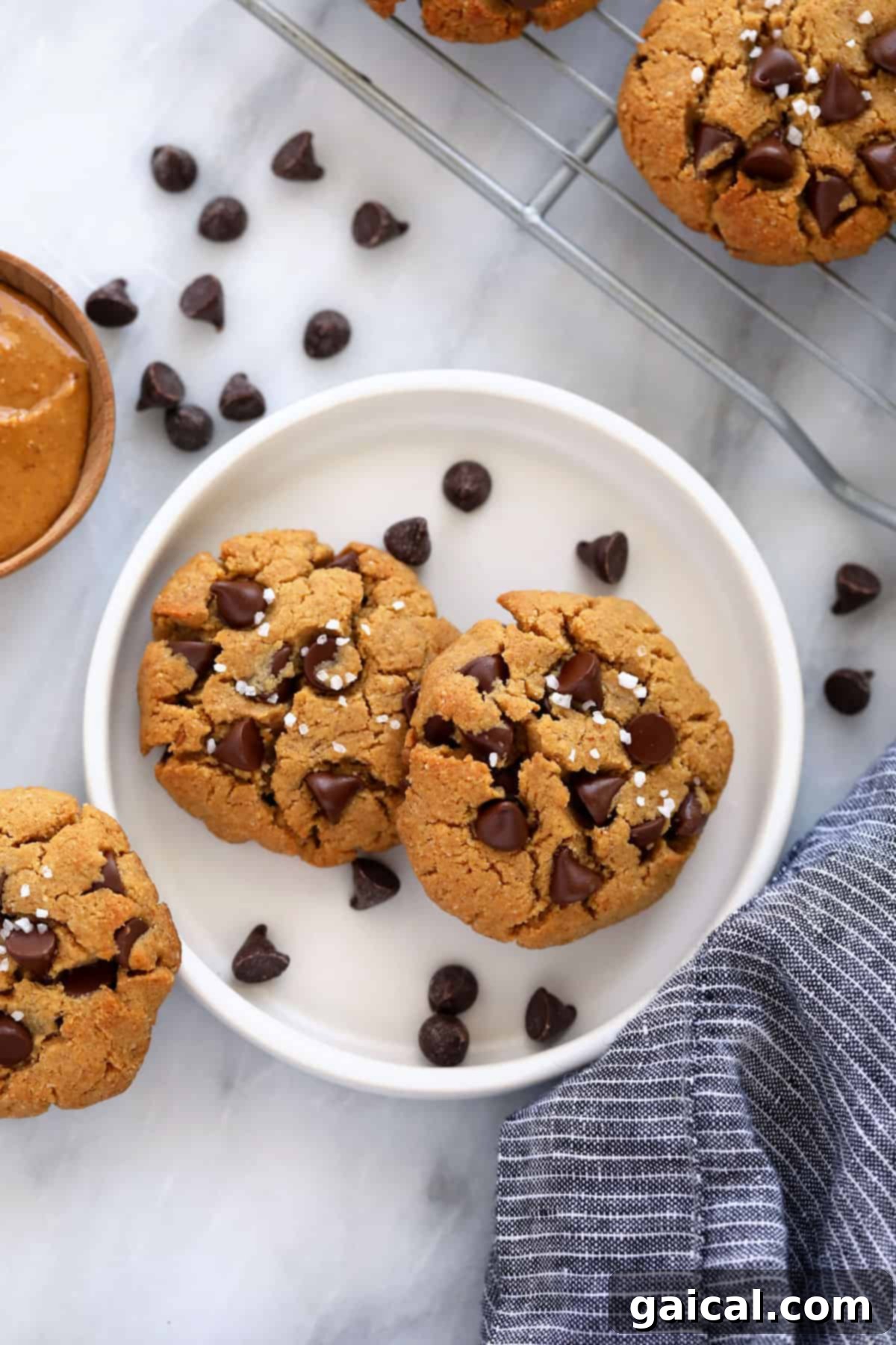 These Healthy Peanut Butter Cookies are flourless, chewy and oh so delicious with dark chocolate chips and a sprinkle of sea salt. A plate brimming with healthy peanut butter cookies, showcasing their golden-brown edges, chewy texture, and abundant dark chocolate chips, sprinkled with sea salt.