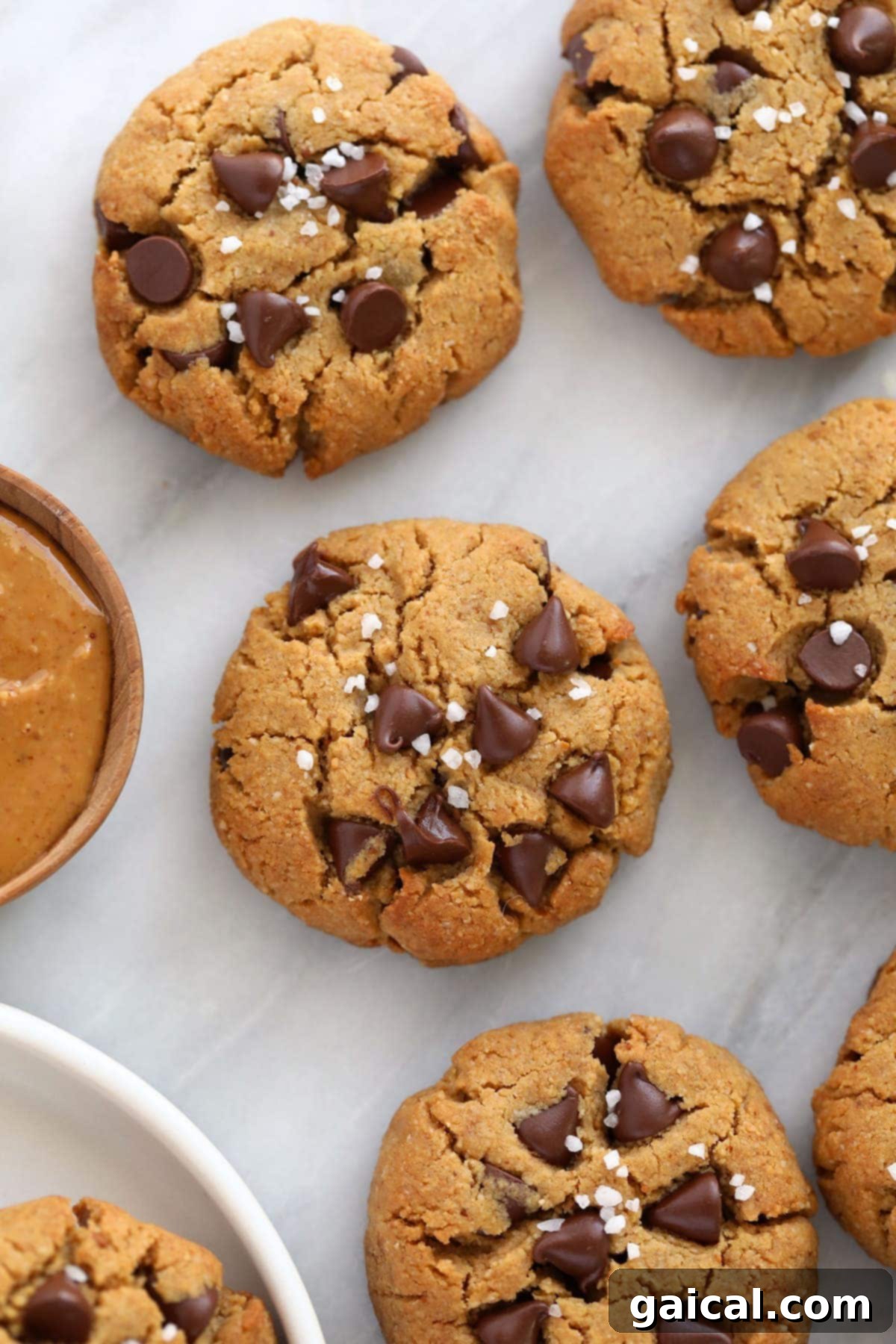 These Healthy Peanut Butter Cookies are flourless, chewy and oh so delicious with dark chocolate chips and a sprinkle of sea salt. A close-up of a healthy peanut butter cookie, beautifully topped with generous dark chocolate chips and sparkling coarse sea salt, ready to be enjoyed.