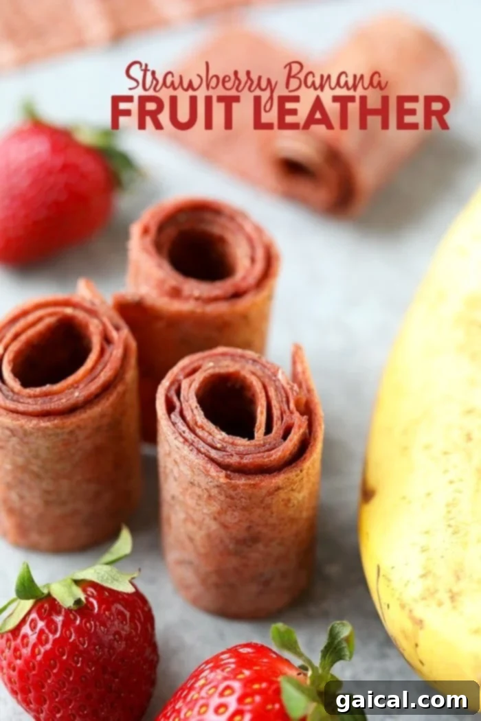 Healthy Strawberry Banana Fruit Leather: Oven Baked Snack Vibrant homemade strawberry banana fruit leather strips, rolled up and ready to enjoy.