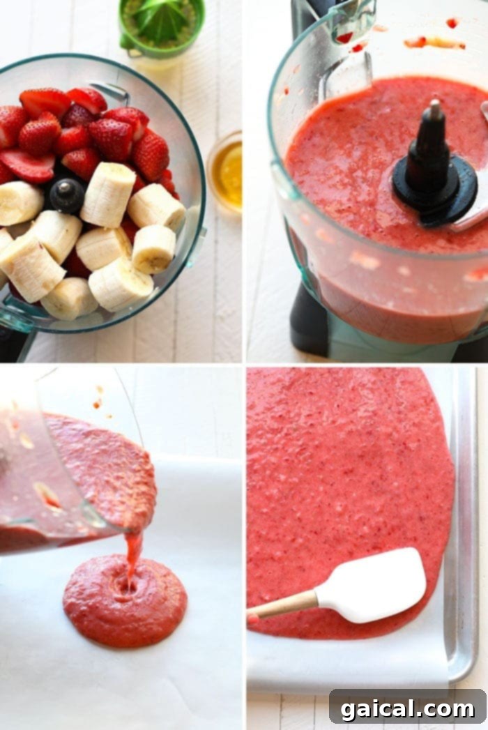 Pureeing Fruit for Homemade Leather Fresh strawberries and sliced bananas being added to a food processor for pureeing.