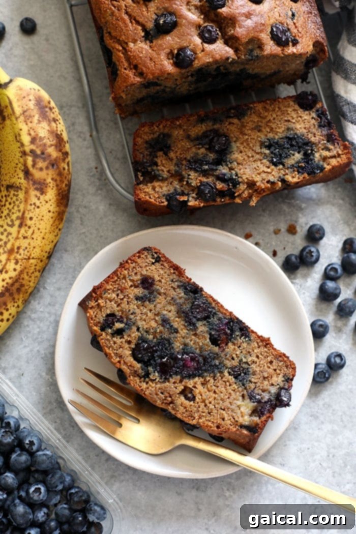 Perfectly moist blueberry banana bread made with whole grains, Greek yogurt, fresh blueberries, and maple syrup! A perfectly baked slice of blueberry banana bread, revealing its moist interior packed with blueberries, presented on a white plate.