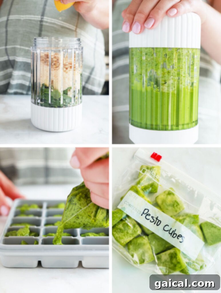 Fresh Basil Pesto Made Easy 6 A step-by-step visual guide showing how to prepare homemade pesto and transfer it into an ice cube tray for freezing.