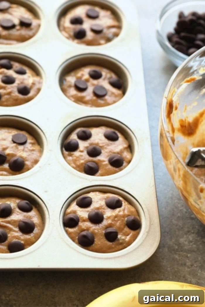 Muffin Batter in Tin Banana chocolate chip muffin batter in a muffin tin, topped with extra chocolate chips, ready for baking.