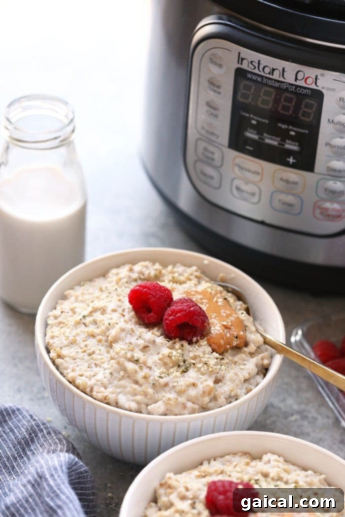 53 Game-Changing Plant-Based Recipes 18 10-Minute Instant Pot Steel Cut Oats topped with berries and nut butter.