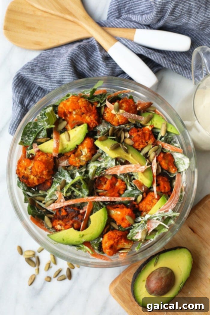 53 Game-Changing Plant-Based Recipes 22 Delicious Vegan Buffalo Cauliflower Salad with homemade ranch.