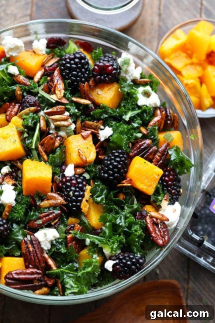 53 Game-Changing Plant-Based Recipes 24 Harvest Blackberry and Butternut Squash Massaged Kale Salad for lunch or holiday.