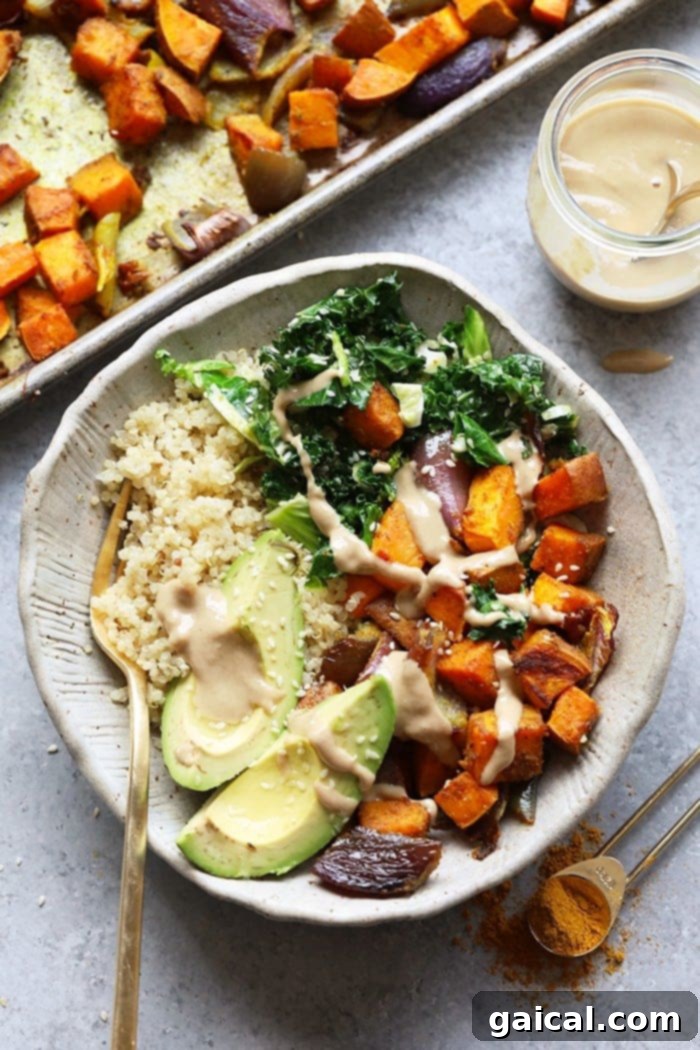 53 Game-Changing Plant-Based Recipes 30 Sweet Potato Vegan Buddha Bowl with tahini dressing.