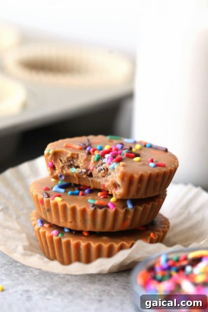 Cashew Butter Cake Batter Bliss Bites 2 Delicious Cake Batter Cashew Butter Fat Bombs adorned with colorful sprinkles, ready to be enjoyed.