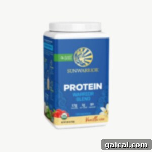 Top Protein Picks for 2023 4 protein powder image. A vibrant image of Sun Warrior Organic Protein Powder packaging, emphasizing its natural ingredients.