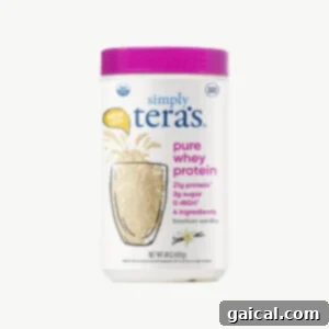 Top Protein Picks for 2023 7 simply teras whey protein powder. The packaging of Simply Tera's Whey Protein Powder, emphasizing its organic and grass-fed claims.
