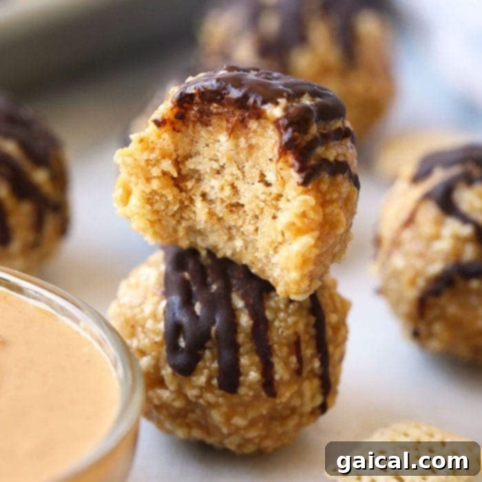 A bowl of granola bites with a scoop of peanut butter dipping sauce, highlighting the texture and appeal of the no-bake peanut butter balls.