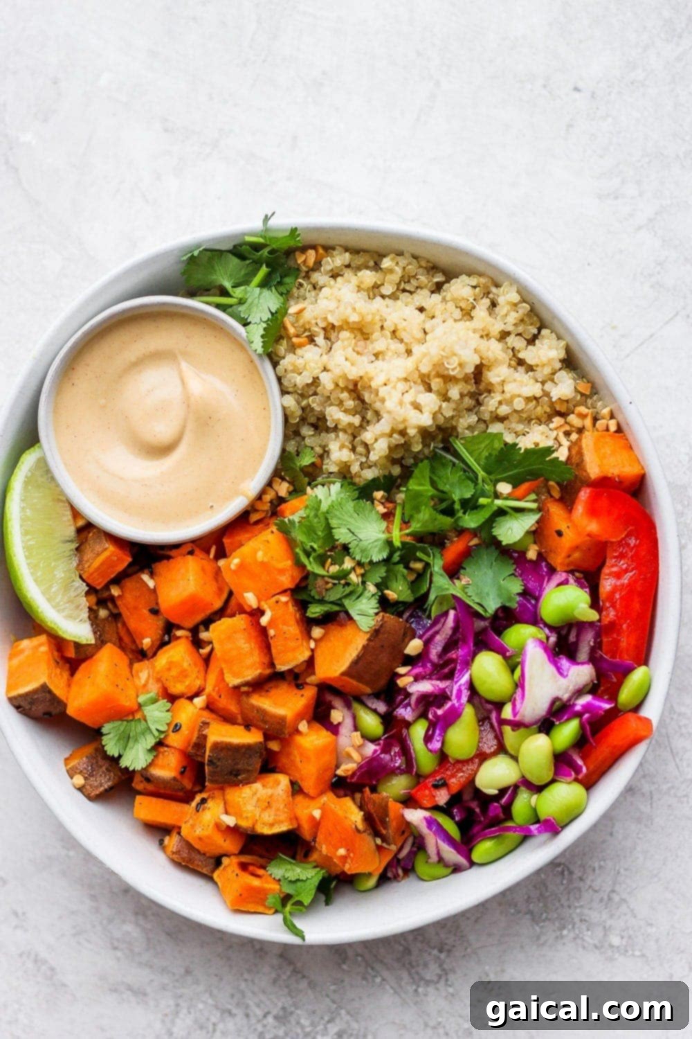 Vegetarian Thai Coconut Quinoa Bowls with peanut sauce. A colorful Thai Coconut Quinoa Bowl with roasted vegetables and peanut sauce.