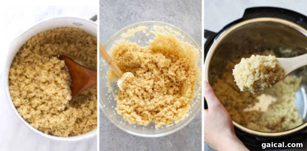 Explore various methods for cooking quinoa: stove-top, microwave, and Instant Pot, for perfect results every time. Three bowls showing quinoa cooked with different methods: stove-top, microwave, and Instant Pot.