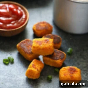 Sweet potato tater tots perfectly arranged on a kitchen counter, ready to be enjoyed.