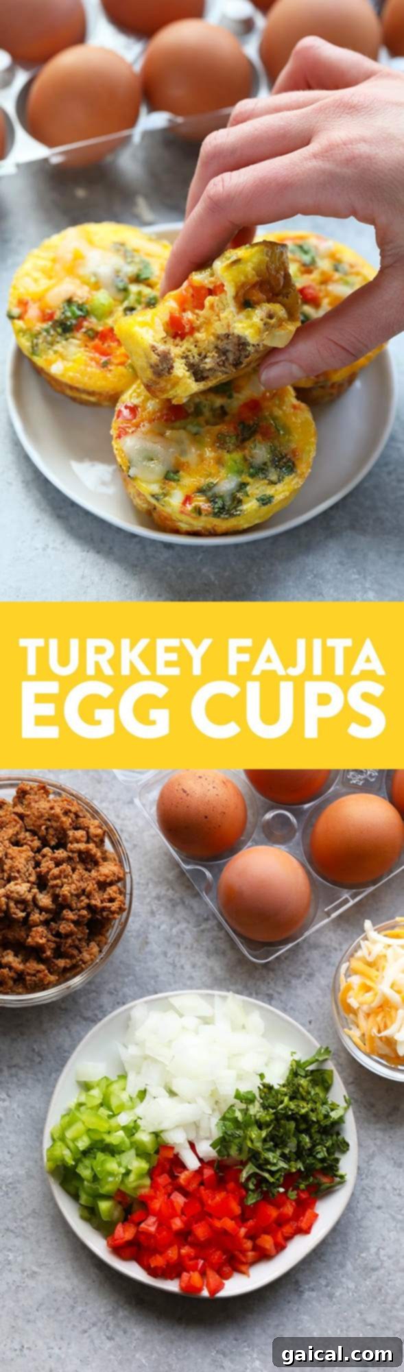 Healthy and appetizing Turkey Fajita Egg Cups made with lean ground turkey, colorful peppers, and onions. Delicious Turkey Fajita Egg Cups garnished with fresh herbs, ready for a healthy meal prep breakfast.