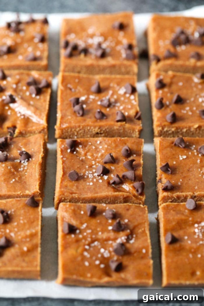 Creamy slices of healthy pumpkin almond butter freezer fudge ready to be enjoyed, showcasing the rich texture and warm fall colors, garnished with mini chocolate chips.