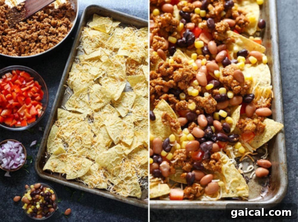 Loaded Baked Chicken Nachos 3 Assortment of fresh ingredients for chicken nachos laid out in bowls and on a baking sheet, including cooked chicken, diced vegetables, beans, and cheese.