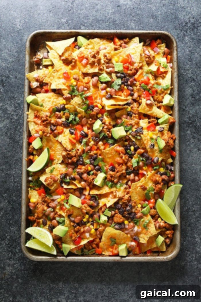 Loaded Baked Chicken Nachos 5 A freshly baked sheet of chicken nachos, generously topped with fresh avocado slices and cilantro, ready to be enjoyed.