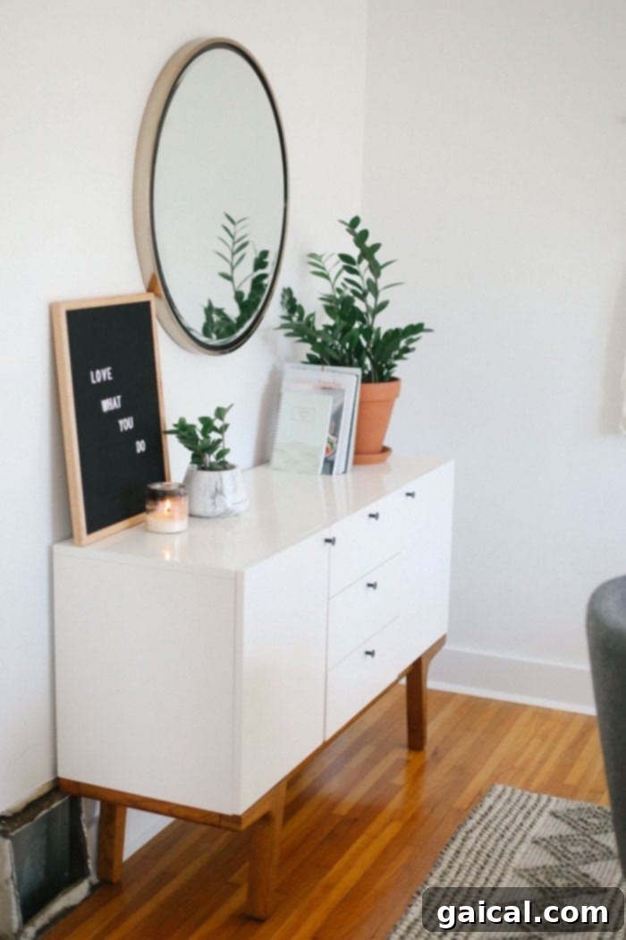We're talking all things Fit Foodie HQ today with our mid-century home office room reveal! Check out our new multi-person workspace fully equipped with mid-century open shelving for our photography props, plants galore, lots of modern decor, and a wall tapestry! Modern buffet with circle mirror