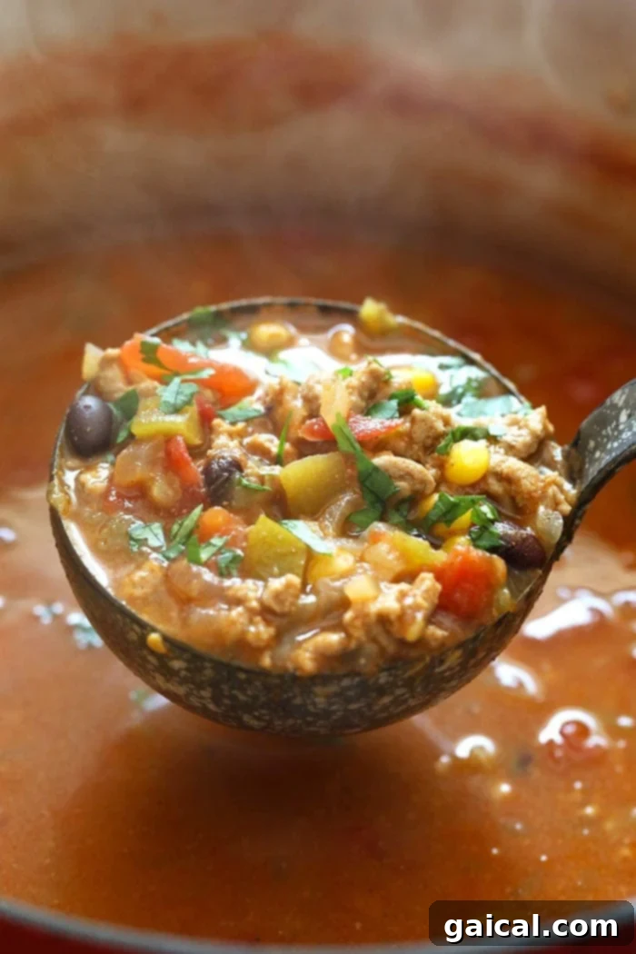 Hearty Taco Bowl 3 A ladle full of rich, red taco soup, showcasing the chunks of vegetables and ground meat, steam rising from the bowl.