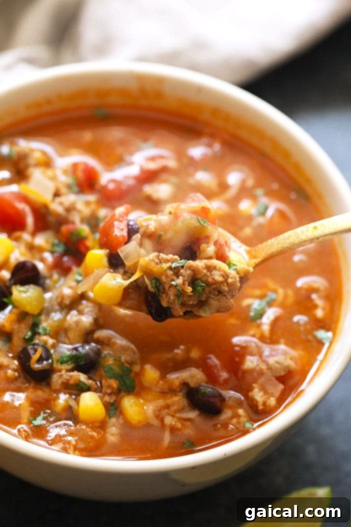 Hearty Taco Bowl 4 A spoonful of vibrant taco soup, showing off the colorful corn, beans, and tomato chunks against a rich broth.