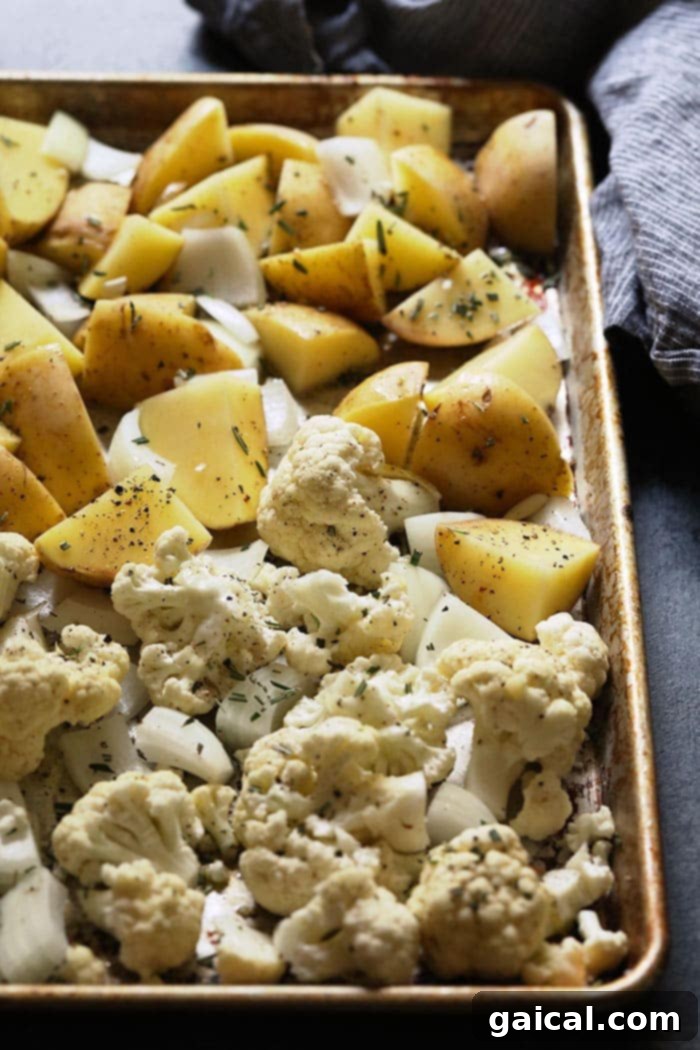Preparing roasted vegetables for the Loaded Cauliflower Potato Soup: potatoes, cauliflower, onions, and garlic seasoned and ready for the oven. Seasoned and chopped potatoes and cauliflower florets spread evenly on a baking sheet, ready for roasting.