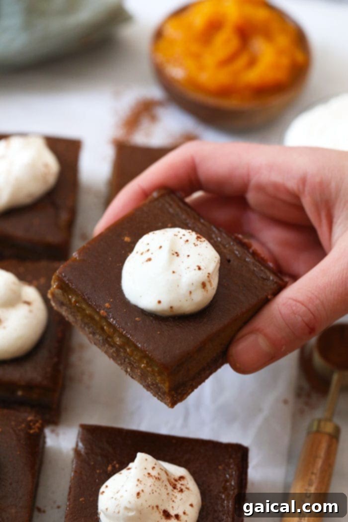 Wholesome Pumpkin Spice Bars 5 A hand gently holds a healthy pumpkin pie bar, generously topped with a dollop of homemade whipped cream, inviting a bite.