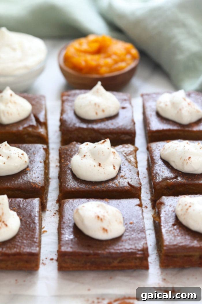 Wholesome Pumpkin Spice Bars 7 A close-up view of two pumpkin pie bars with a creamy whipped topping, highlighting their appealing texture and festive appearance.
