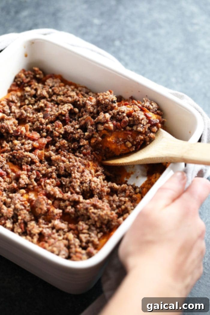 Healthy sweet potato casserole being served