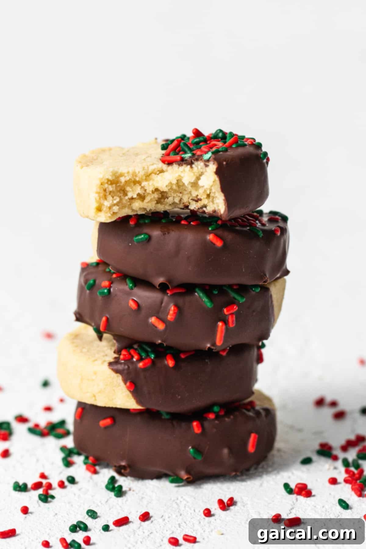 Delicate Almond Flour Shortbread 7 A stack of beautifully decorated almond flour shortbread cookies, perfect for a cookie exchange or holiday treat.
