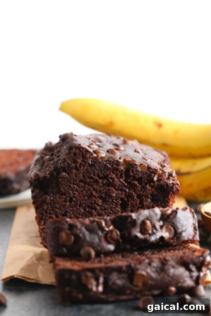 Deliciously moist chocolate chocolate chip banana bread loaf, perfect for a healthy dessert or breakfast treat.