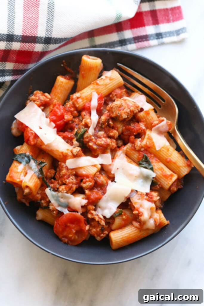 Sausage Pizza Pasta Blitz 2 A generous bowl of freshly made Sausage Pizza Pasta, garnished with vibrant fresh basil leaves and a sprinkle of grated Parmesan cheese, ready to be served. The rich red sauce and golden pasta invite immediate indulgence.